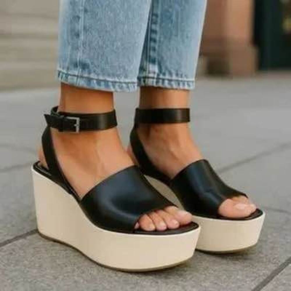 Derek Lam Women’s Size 10 Fabian Black Leather Platform Wedge Strappy Sandals